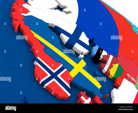 Map Of Scandinavia On Globe With Embedded Flags Of Countries 3d