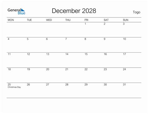 Printable December 2028 Monthly Calendar With Holidays For Togo