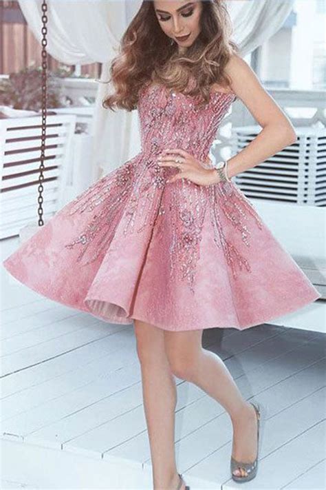 A Line Pink V Neck Lace Beads Satin Knee Length Short Prom Dresseshomecoming Dress On Sale