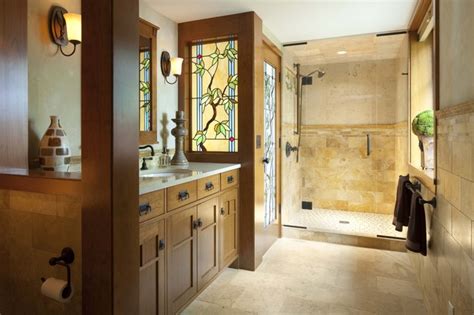 In the bathroom, the positioning of the window (or windows in this case) can be one of the elements which contribute to an overall neat and symmetrical design which sometimes a glass door makes more sense than a window, especially if the room has access to a private courtyard or a garden. Bungalow Guest Bath with Stained Glass details ...