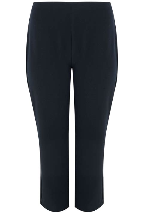 Navy Pull On Bootcut Trousers Plus Size 16 To 36