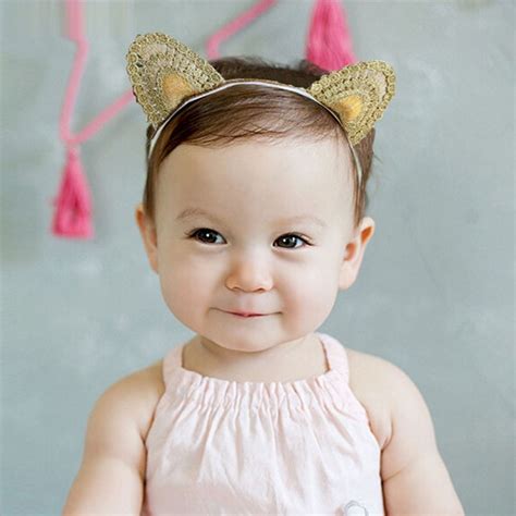 5pc Baby Girls Lace Crochet Cat Ear Headband Newborn Gold Silver Color