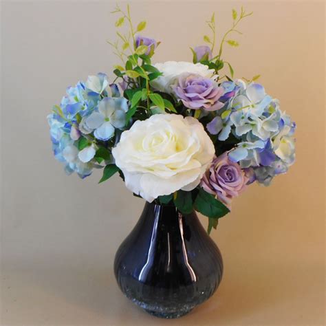 Roses And Hydrangeas In Blue Crackle Glass Vase Artificial Flower