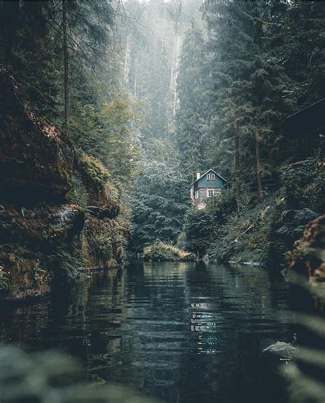 Hidden House Secluded Forest Water Mountain Hd Phone Wallpaper