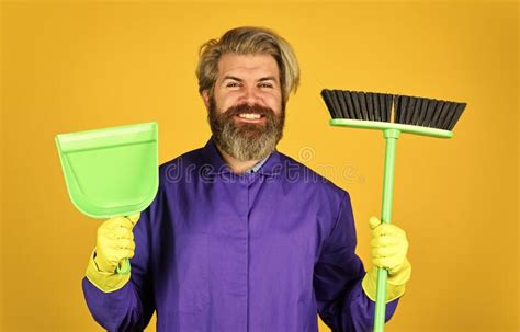Clean Up Bearded Man Cleaning With Mop Janitor In Gloves Husband Cleaning House Housework