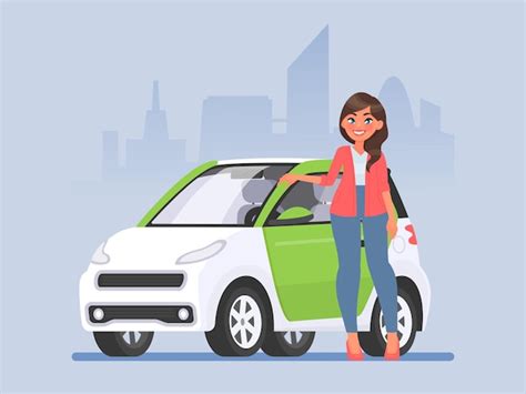 Premium Vector Young Woman Stands Next To A Car Against The Backdrop