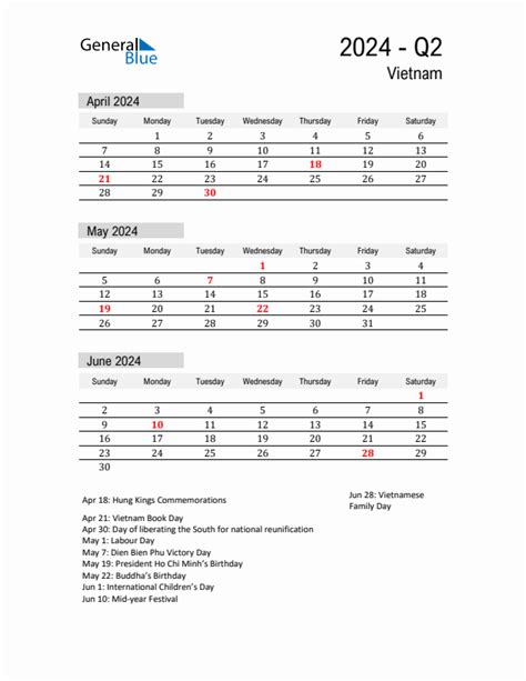 Q2 2024 Quarterly Calendar With Vietnam Holidays Pdf Excel Word