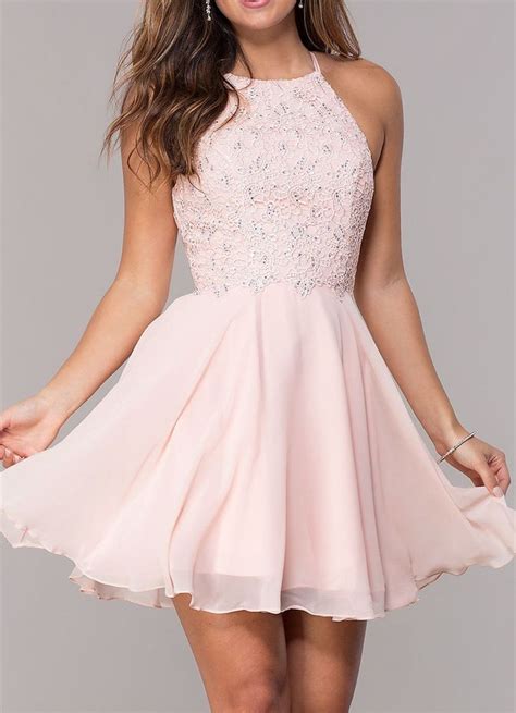 light pink chiffon lace homecoming dresses halter beaded mini sleeveless homecoming dresses