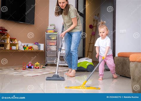 Little Daughter Cleaning In The House Child Dusting Cute Little