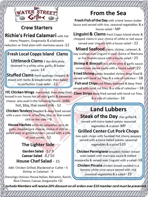 Water Street Grille Menu In Yorktown Virginia Usa