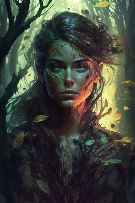 A Woman In The Woods With Leaves On Her Head And Trees Around Her Looking Into The