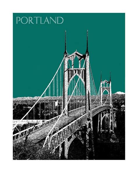 Portland Skyline St Johns Bridge Poster Portland Oregon Etsy