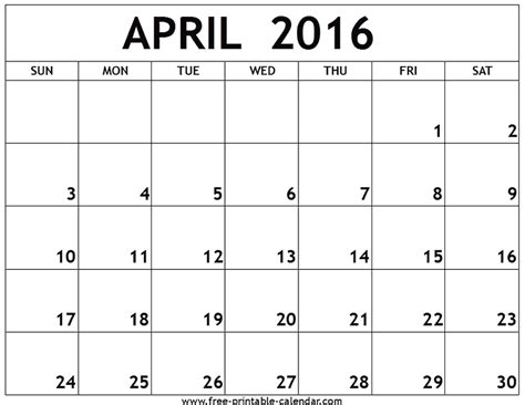 April Calendar Printable 2016 Printable Calendar Templates