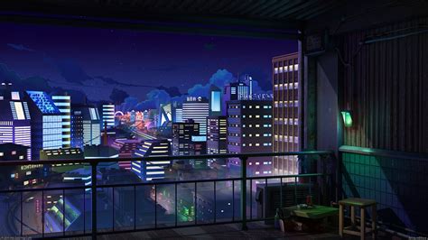 Download 1920x1080 Anime Cityscape Night Buildings Balcony Stars