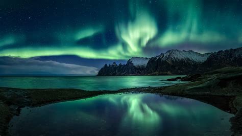 Mountain Northern Lights Nature Starry Sky Lake Coolwallpapersme