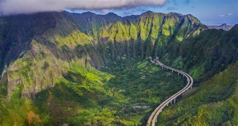 Nature Landscape Mountain Highway Forest Oahu Hawaii Aerial View