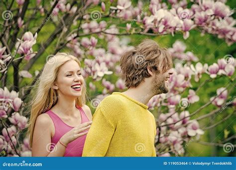 Spring Flowers Love Beautiful Romantic Couple Under Blooming Magnolia