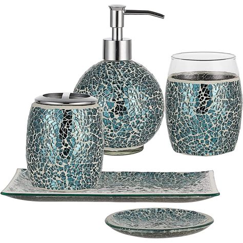 Whole Housewares 5 Pieces Bathroom Accessory Sets Crackle Mosaic Glass
