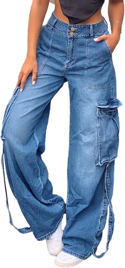 Buocenisy Women Baggy Denim Cargo Pants Mid Waist Belt Loop Casual Jeans With Big Pockets