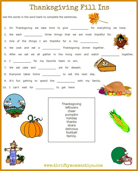 Thanksgiving Printables Fill In Vocabulary Sheet For Children