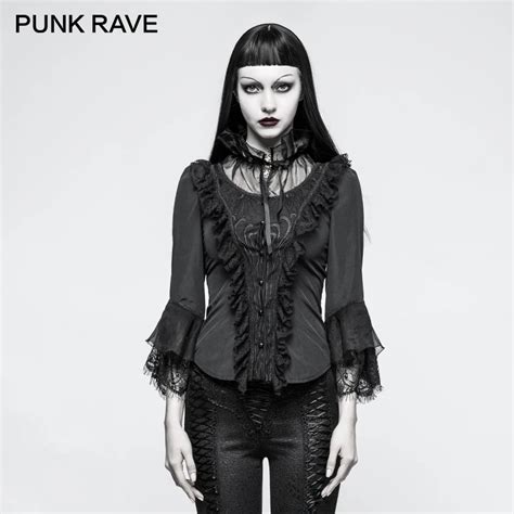 Punk Rave Gothic Fashion Lace Collar Blouse Ladies Long Sleeve Shirts Embroidery Bandage Black