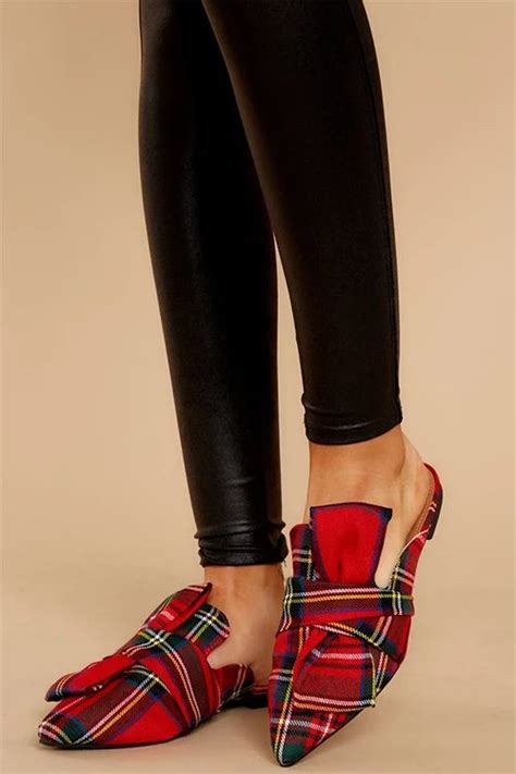 Bow Red Plaid Flat Mules In Plaid Shoes Plaid Shoes Flats