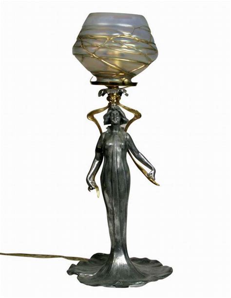 Art Nouveau Female Figural Lamp With Bohemian Glass Shade Lamps