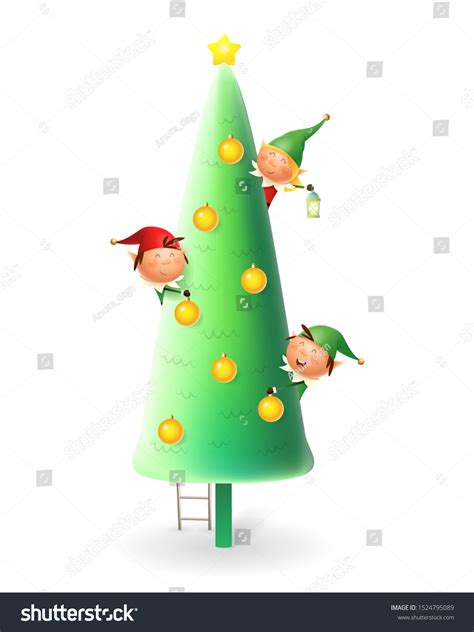 Cute Christmas Elves Decorating Christmas Tree Stock Vector Royalty