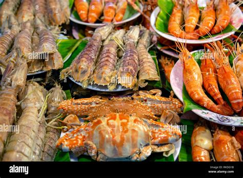 An Arrangement Of Cooked Crab Shrimp Prawn Mantis Prawn Shellfish