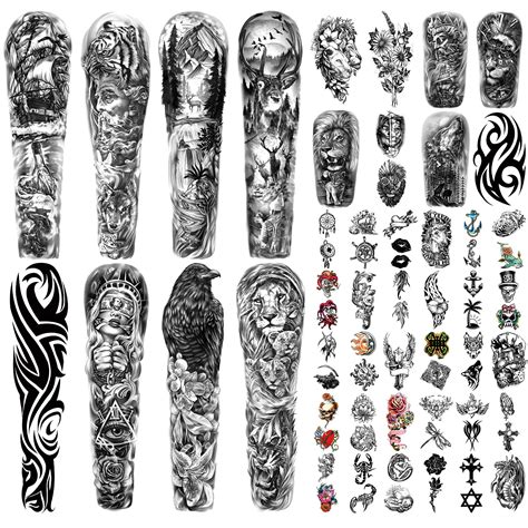 Buy Full Arm Temporary Tattoo Sleeves With Realistic Lion Flower Wolf Eagle And Deer Fake