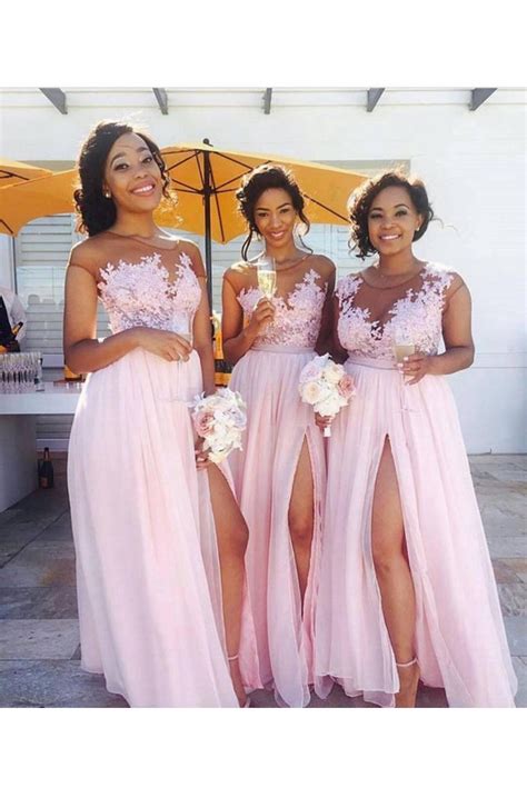 White is no longer the only color option for the wedding dress today. Long Pink Lace Appliques Chiffon Wedding Guest Dresses ...