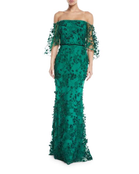 Marchesa Notte Off The Shoulder Gown W 3d Flower Lace Neiman Marcus