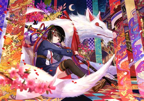 Download 1563x1105 Anime Girl Shrine Katana White Fox