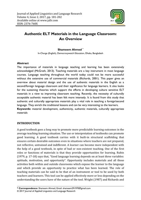 Pdf Authentic Elt Materials In The Language Classroom An Overview