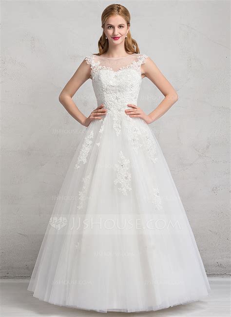 Ball Gown Scoop Neck Floor Length Tulle Wedding Dress With Lace Beading