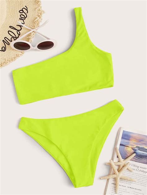 Neon Yellow One Shoulder Bikini Swimsuit Shein Usa Neon Yellow