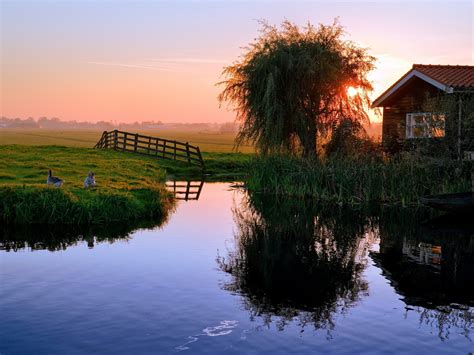 Pond House Sunset Village Nature Scenery Hd Wallpaper Preview