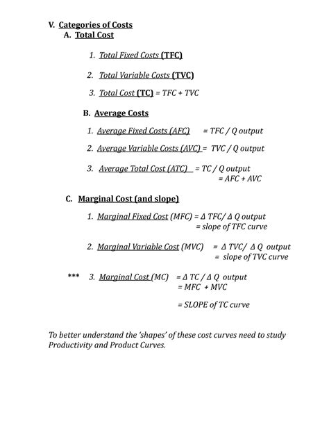 Chapter 8 Summary Of Costs V Categories Of Costs A Total Cost 1