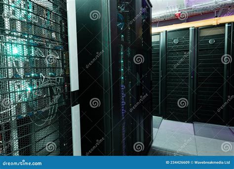Data Center With Multiple Rows Of Fully Operational Server Racks Stock