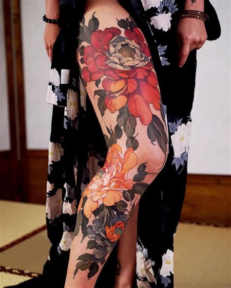 k u b r i c k on instagram [牡丹] peony from thigh to calf tattoos body tattoos flower tattoos