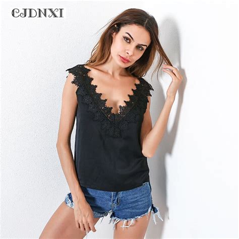 Cjdnxi Women Summer Black Tank Tops Sexy V Neck Lace Top Hollow Out