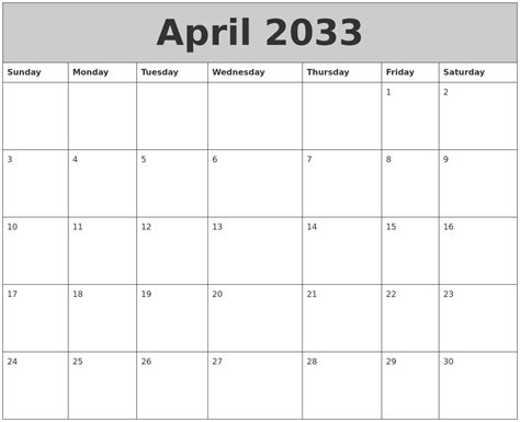 April 2033 My Calendar