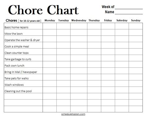 Chore Chart Template For 10 12 Years Old Children Important Chores For