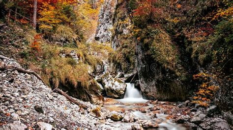 Landscape Of Flowing Waterfalls Surrounded With Autumn Trees In A