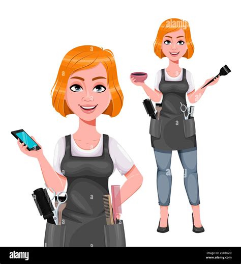 Beautiful Redhead Girl Hairdresser Set Of Two Poses Cute Woman Barber Holding Smartphone And