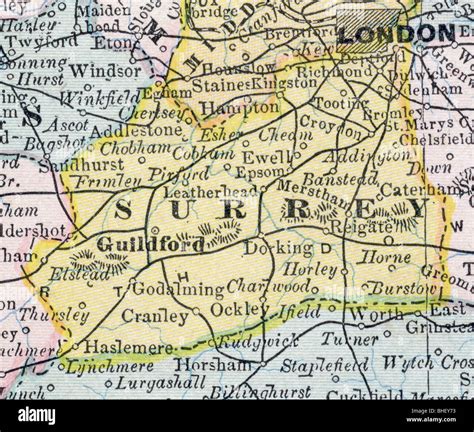 Carte Ancienne De Surrey County à Partir De L Original 1884 Manuel De Géographie Photo Stock