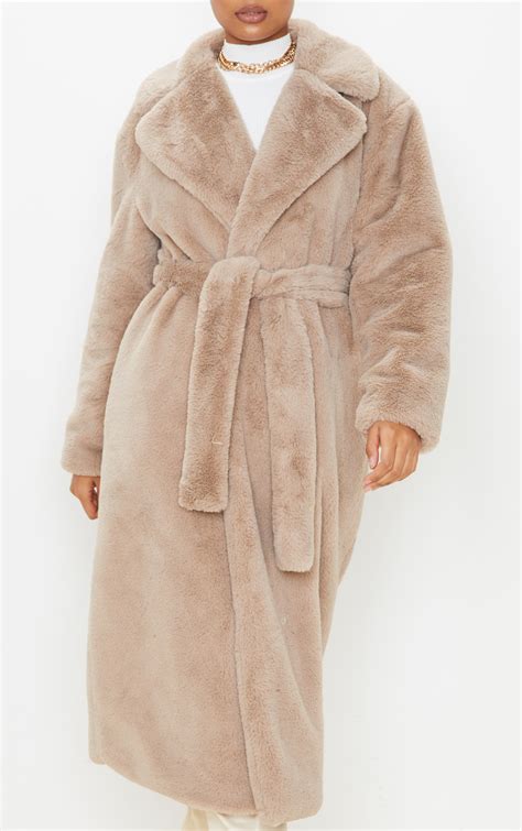 taupe belted faux fur coat coats and jackets prettylittlething ie