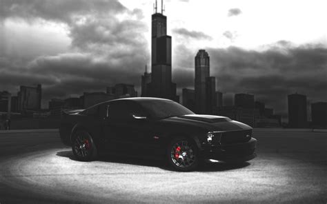 Ford Mustang black car, dark night, city, black coupe #Ford #Mustang #