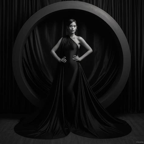 Premium Ai Image A Woman In A Black Dress Stands In Front Of A Large