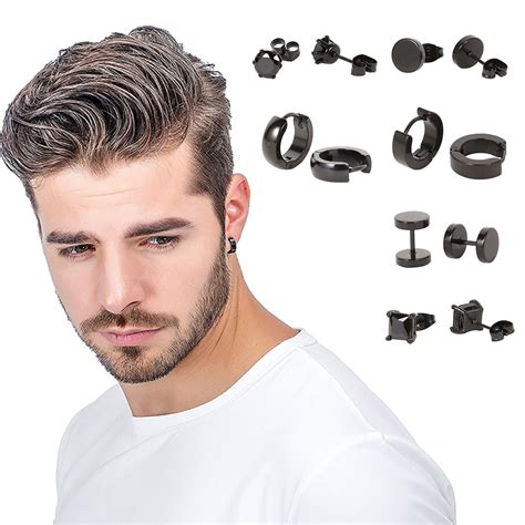 6 Pairs Set Stainless Steel Stud Earrings For Men Hoop Earrings